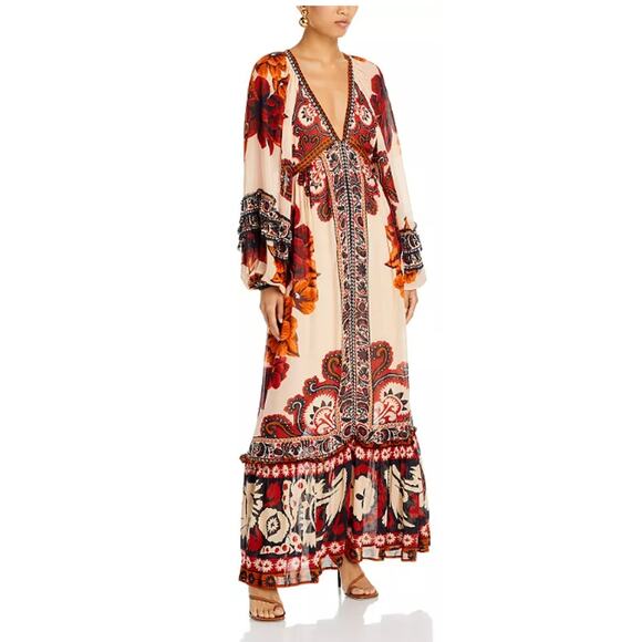 NWT FARM Rio Winter Tapestry Plunging Neck Maxi Boho Dress Medium $315 - Picture 1 of 9